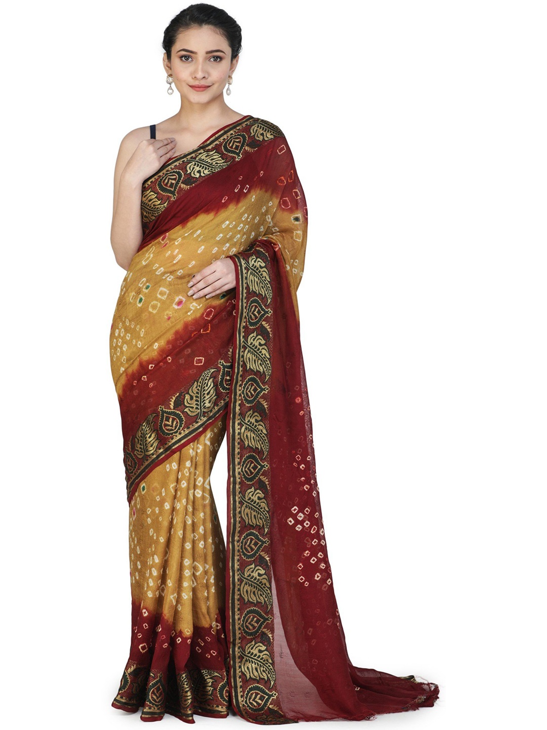 

Exotic India Wood Thrush Bandhani Art Silk Saree with Zari Woven Border, Brown