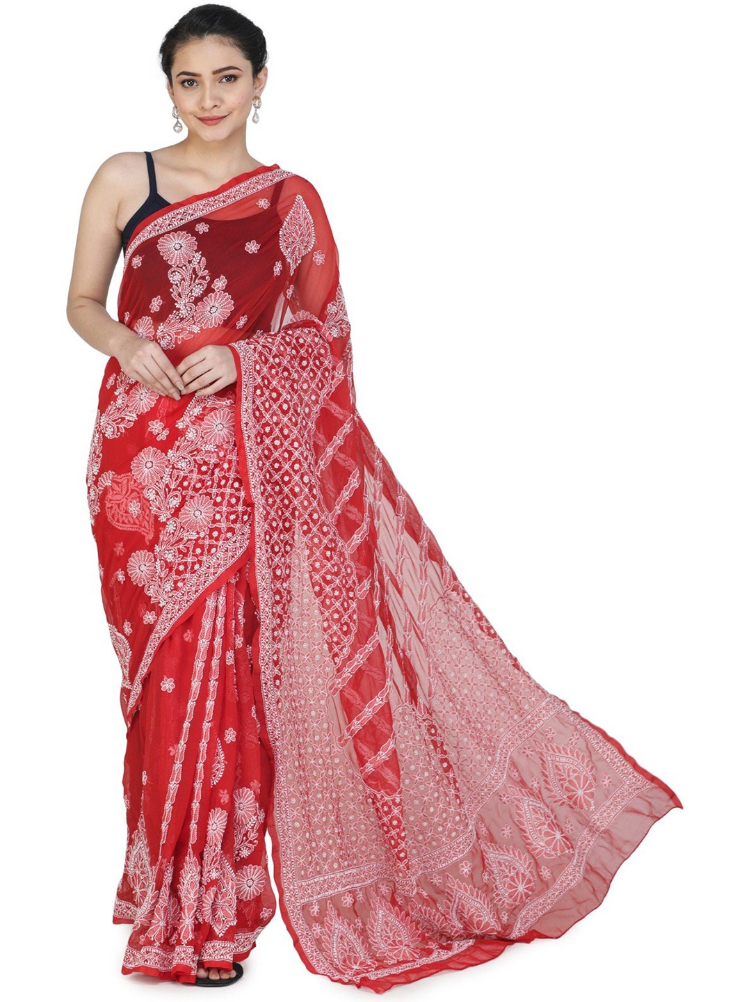 

Exotic India Floral Chikankari Pure Georgette Saree, Red