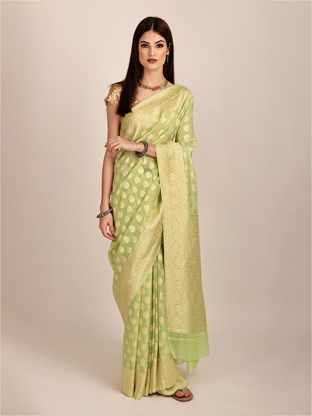 

Exotic India Woven Design Zari Pure Chiffon Banarasi Saree, Green