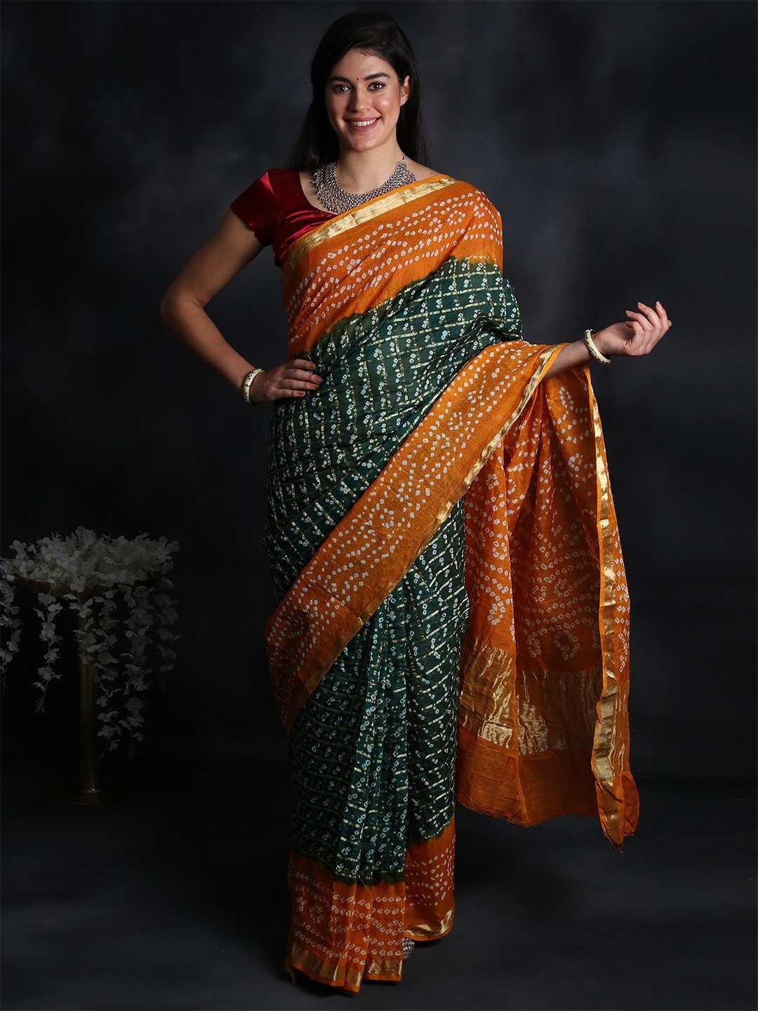 

Exotic India Bandhani Zari Pure Cotton Bandhani Saree, Green