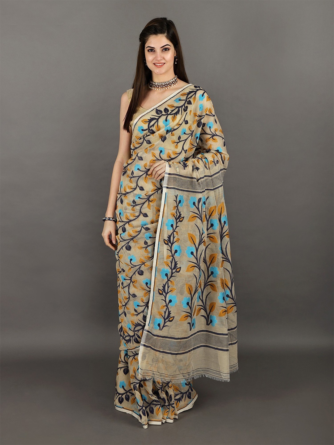 

Exotic India Woven Design Pure Cotton Saree, Cream