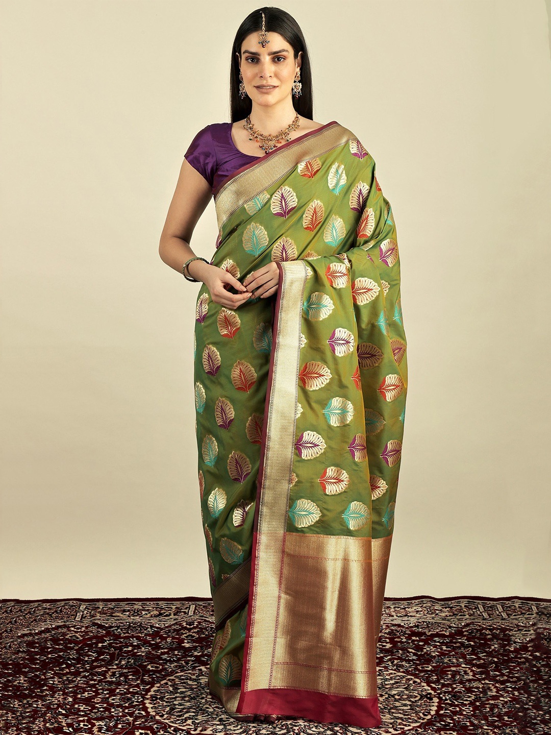 

Exotic India Banarasi Silk Brocaded Saree with Woven Tree Detail, Green
