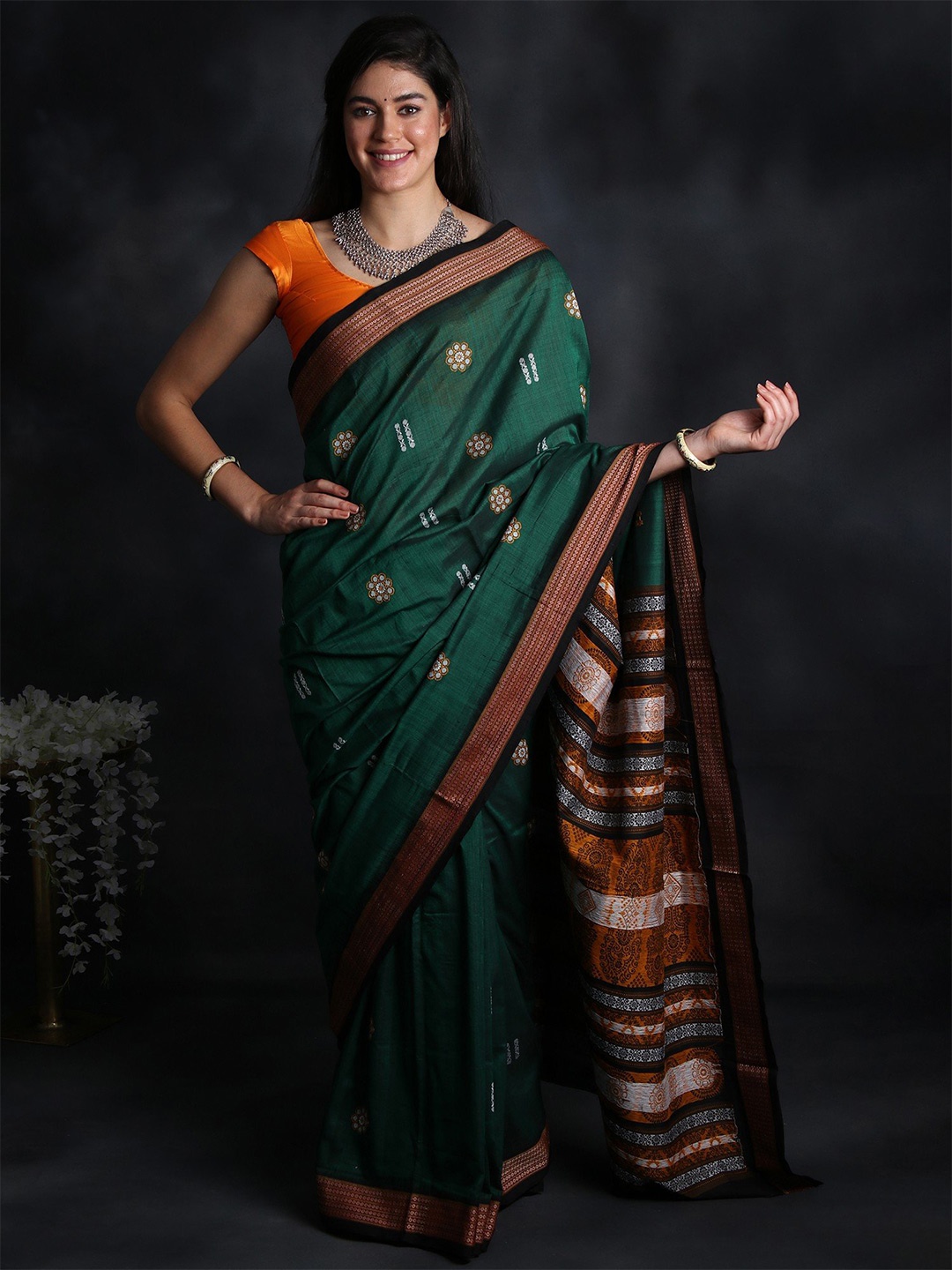 

Exotic India Botanical Garden Woven Floral Motif Pure Cotton Bomkai Saree, Green