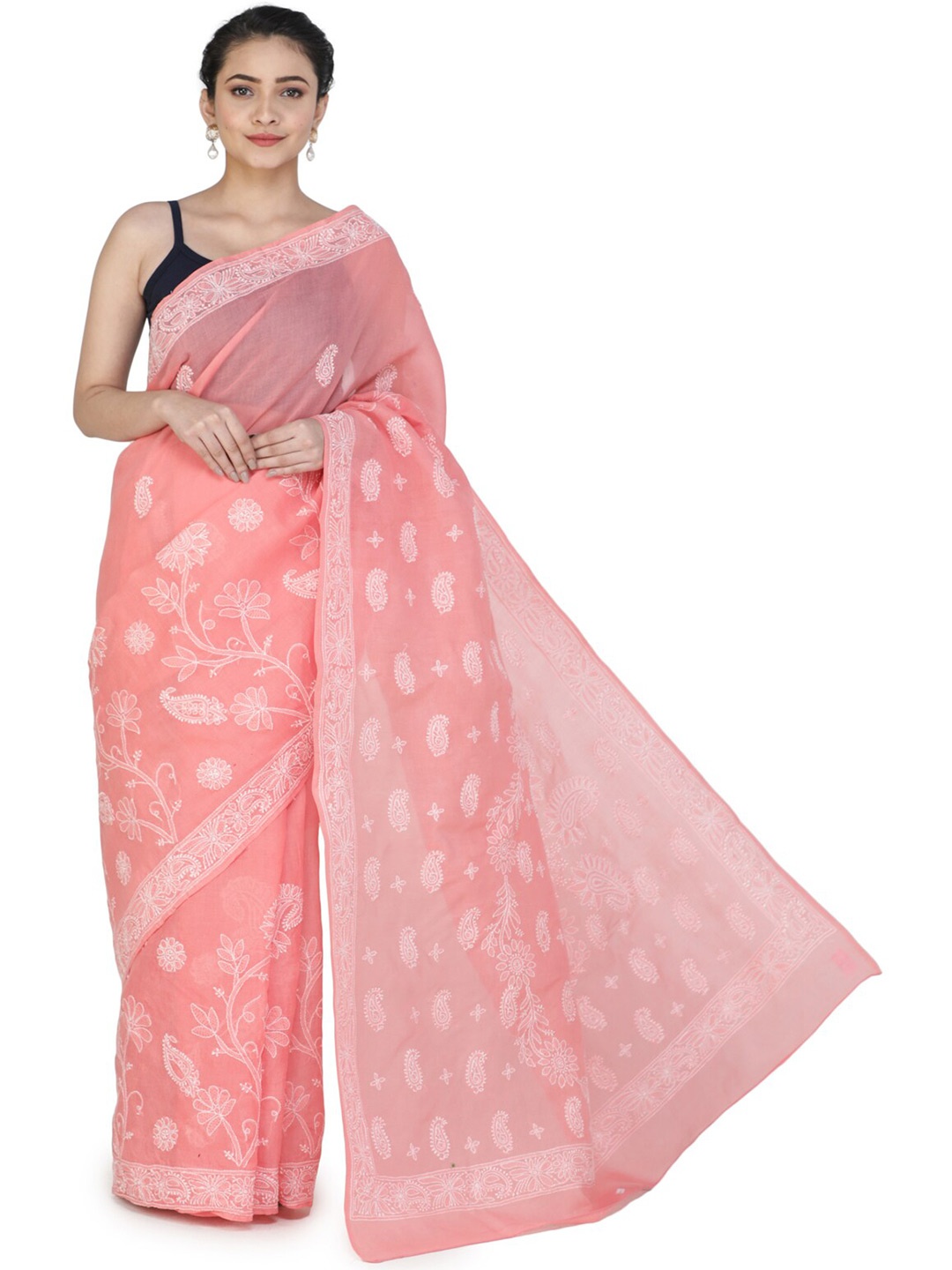 

Exotic India Chikan Hand-Embroidered Paisleys and Flowers Pure Cotton Salmon Pink Saree