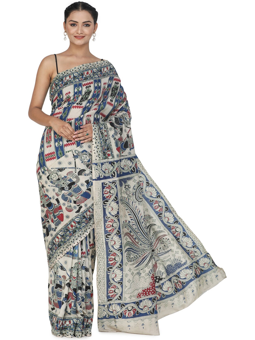 

Exotic India Printed Folk Motifs Pure Silk Kalamkari Saree, Cream