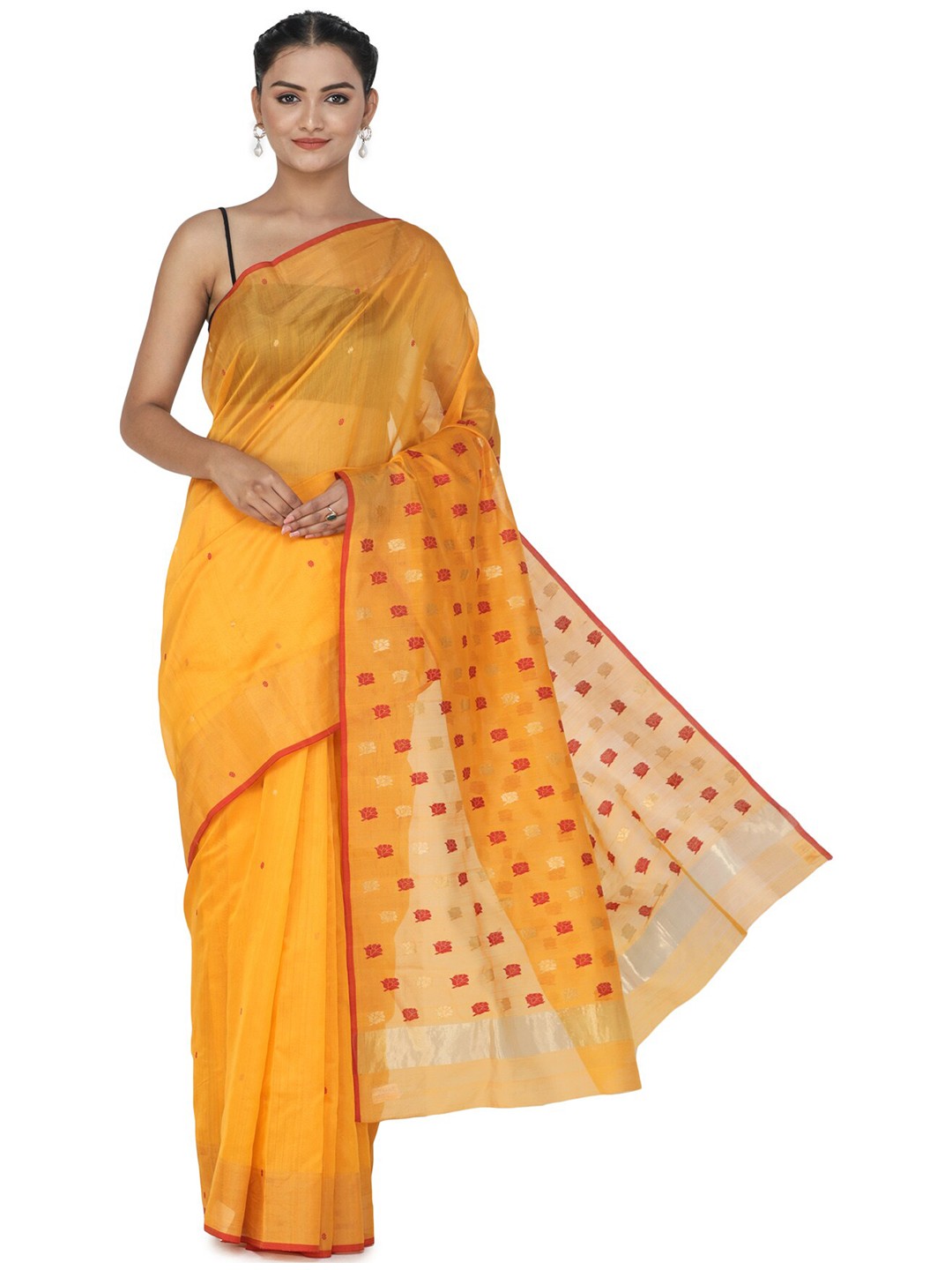 

Exotic India Ethnic Motifs Zari Silk Cotton Chanderi Saree, Yellow