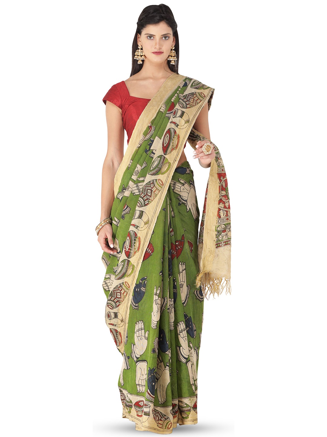 

Exotic India Kalamkari Printed Pure Cotton Saree, Green
