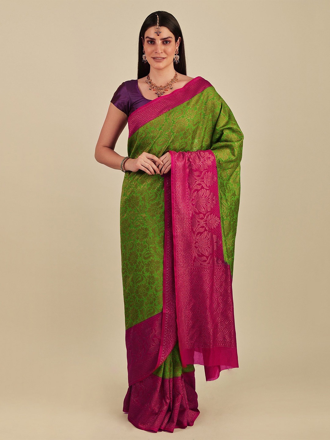 

Exotic India Woven Design Banarasi Saree With Zari Pallu And Border, Green