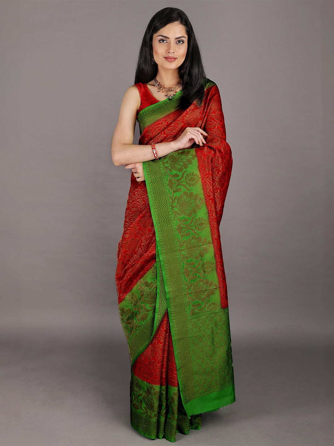 

Exotic India Woven Design Zari Art Silk Banarasi Saree, Red