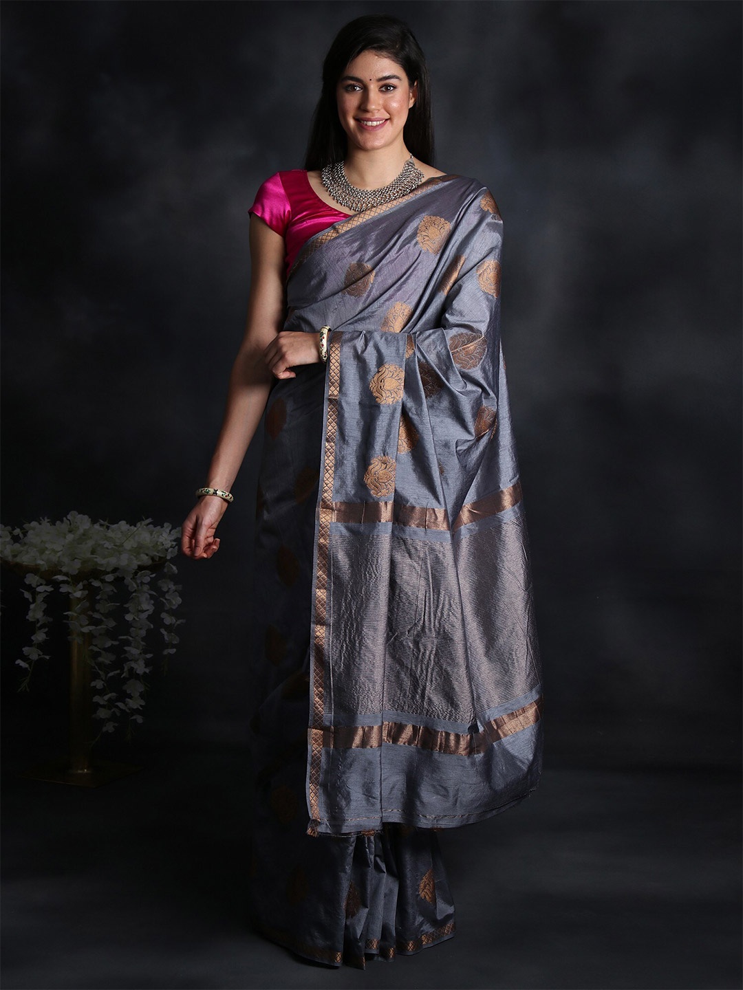 Exotic India Woven Design Zari Pure Silk Saree, Grey