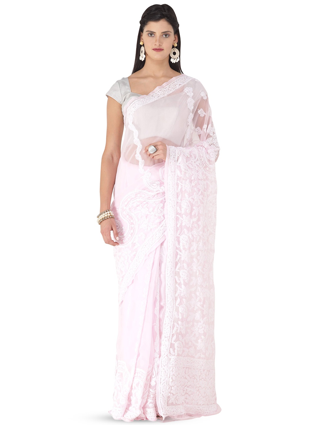 

Exotic India Cherry Blossom Chikan Hand-Embroidered Georgette Saree, Pink