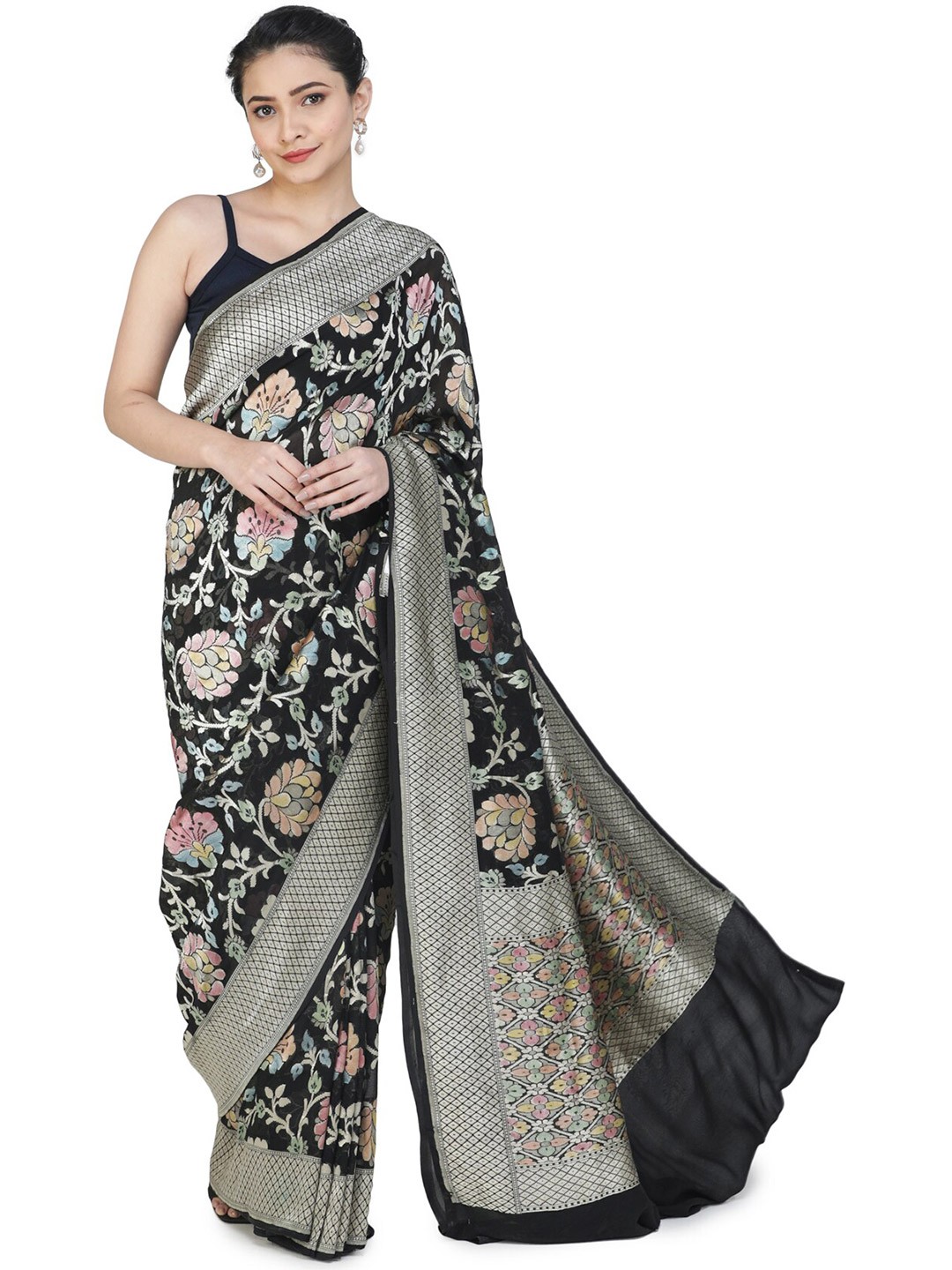 

Exotic India Floral Zari Pure Chiffon Banarasi Saree, Black