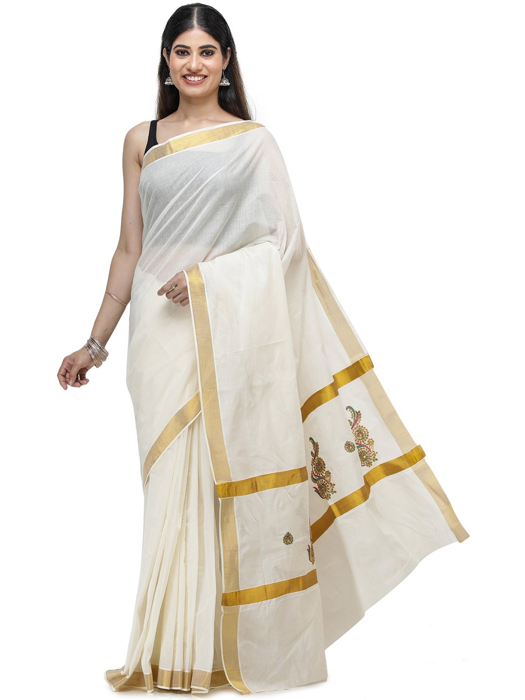 

Exotic India Burnt Ochre Printed Saree with Gota-Patti Border and Stones on Pallu, White
