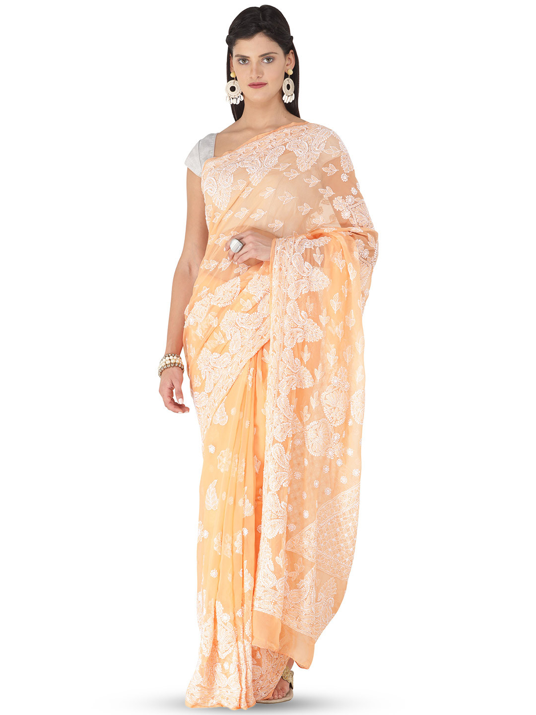 

Exotic India Floral Chikankari Pure Georgette Saree, Orange