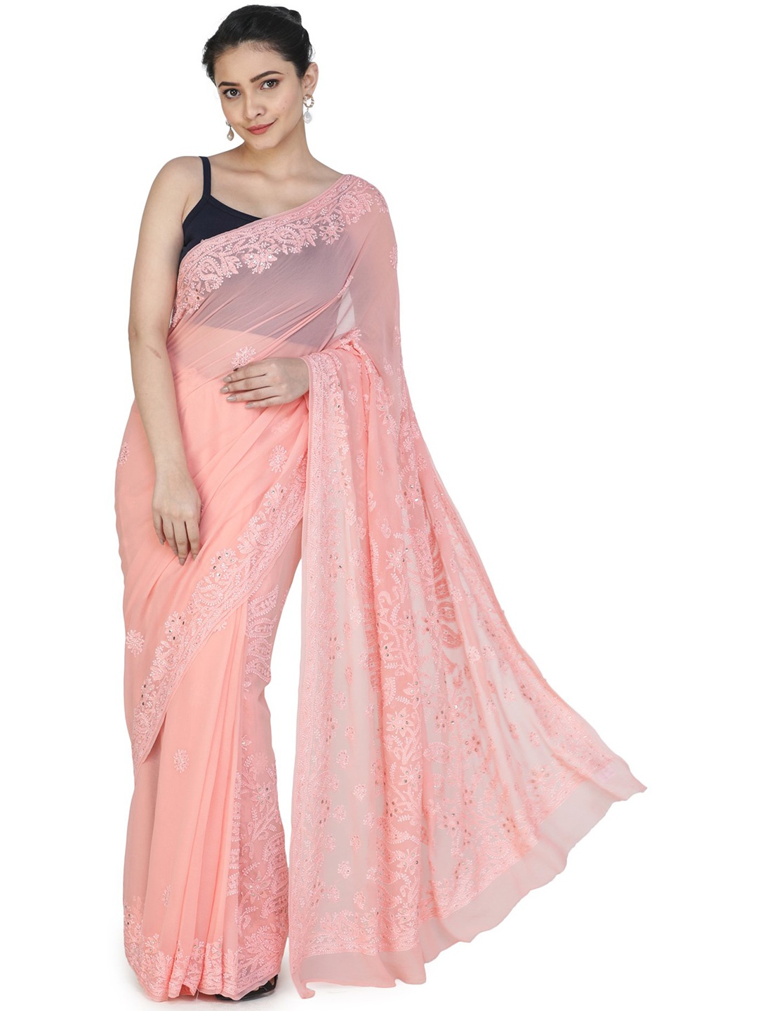 

Exotic India Floral Chikankari Pure Georgette Saree, Peach