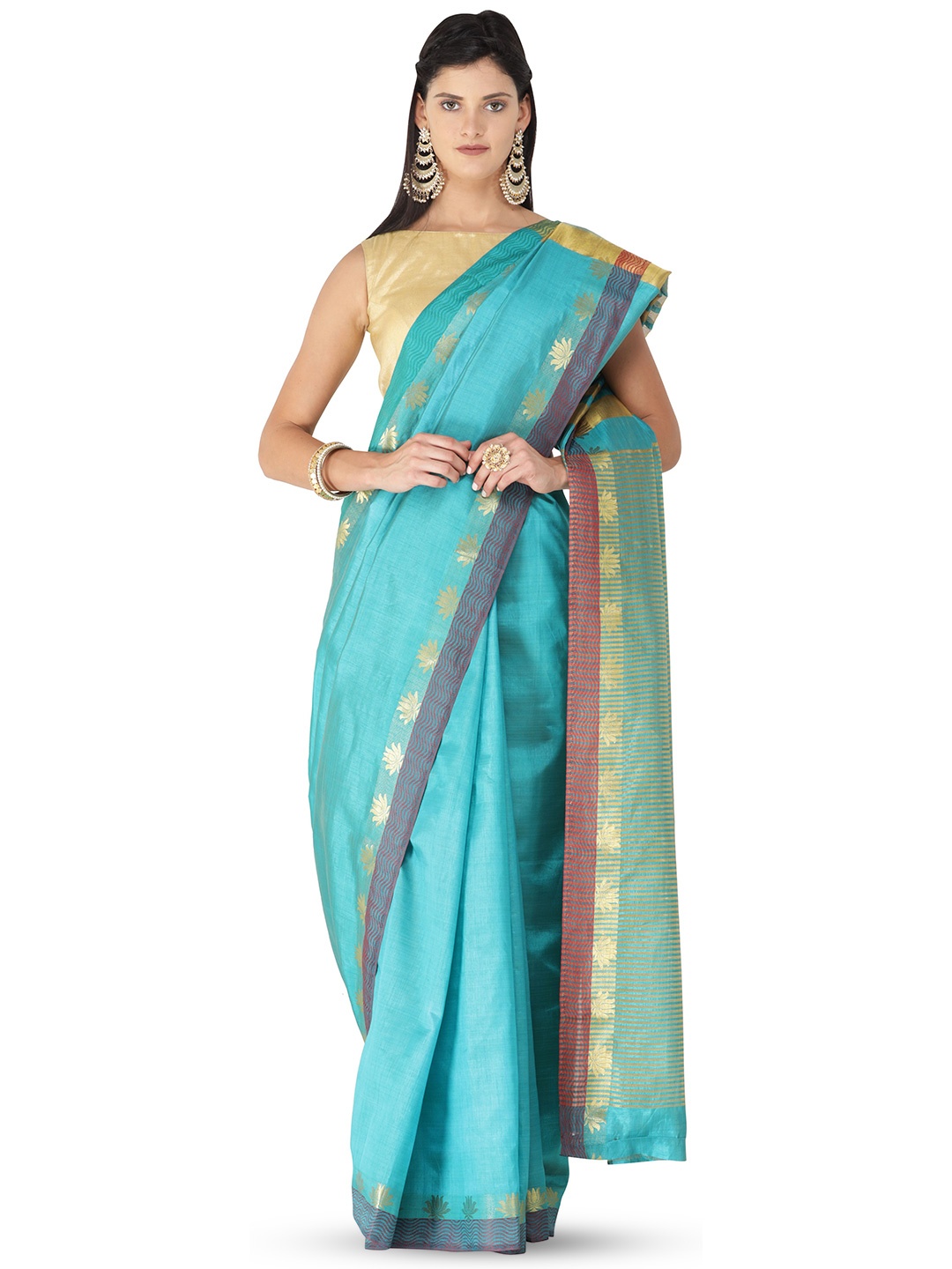 

Exotic India Fanfare Plain Silk Saree with Woven Stripes on Pallu and Border, Blue