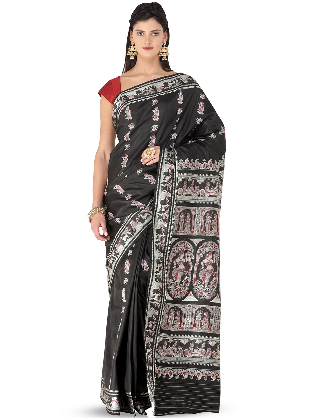 

Exotic India Woven Design Zari Pure Silk Baluchari Saree, Black