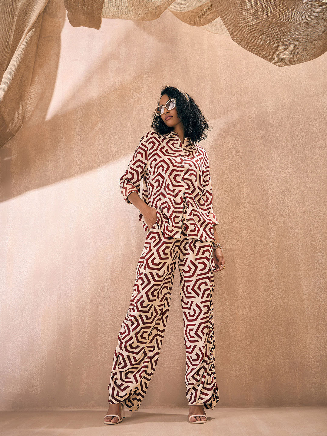 

Pink Paprika by SASSAFRAS Printed Shirt With Trousers Co-Ords, Maroon