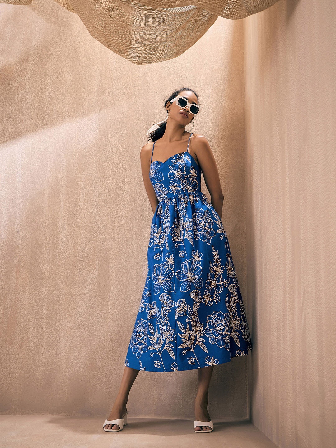 

Pink Paprika by SASSAFRAS Shoulder Straps Floral Print Fit & Flare Cotton Dress, Blue