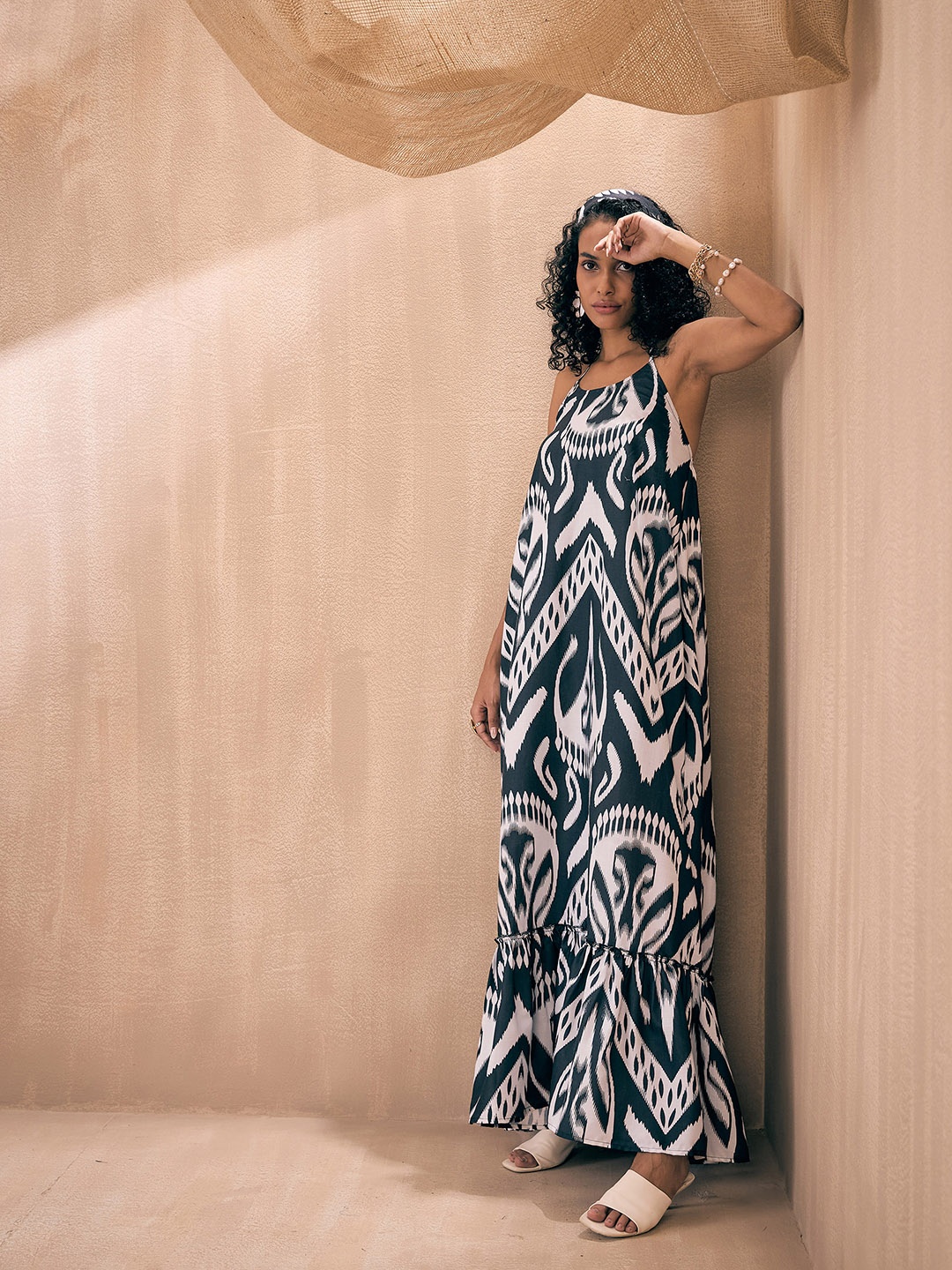 

Pink Paprika by SASSAFRAS Halter Neck Ikat Printed Maxi Dress, Black