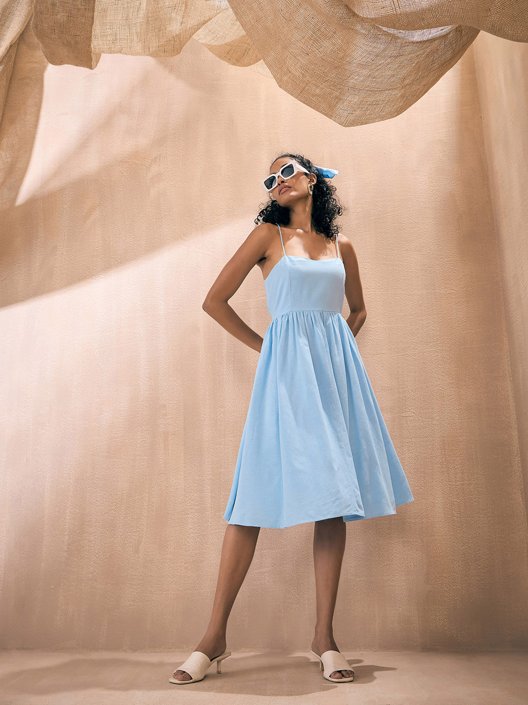 

Pink Paprika by SASSAFRAS Shoulder Straps Sleeveless Fit & Flare Midi Dress, Blue