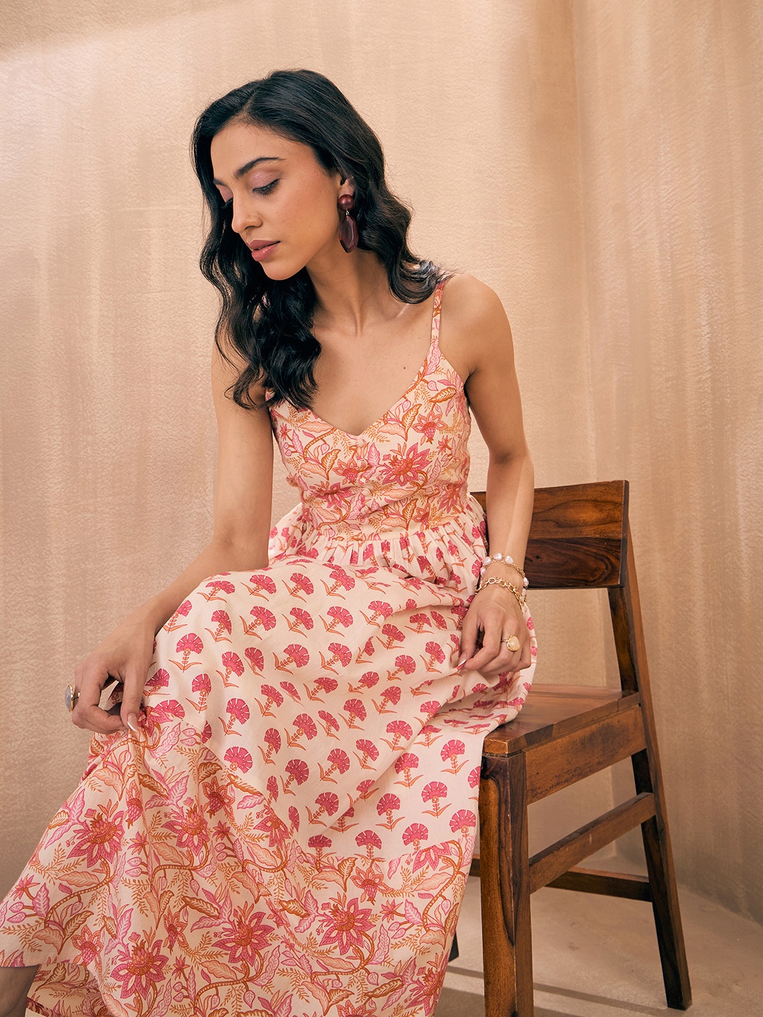 

Pink Paprika by SASSAFRAS Shoulder Straps Sleeveless Floral Print Fit and Flare Dress