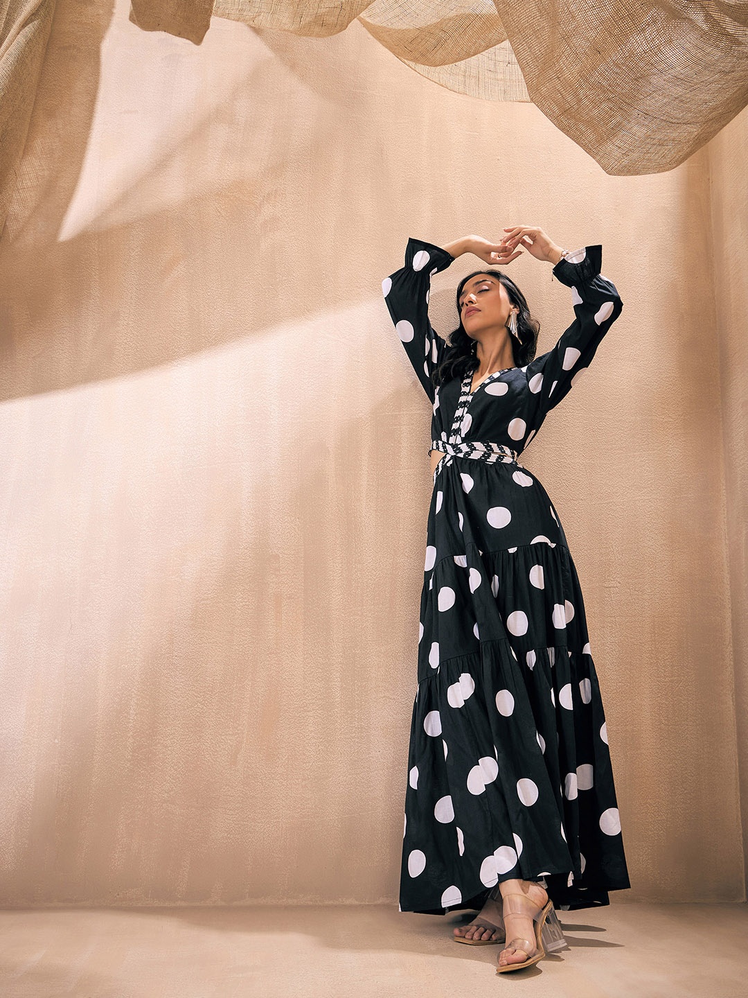 

Pink Paprika by SASSAFRAS V Neck Polka Dot Printed Cotton Cut Outs A Line Maxi Dress, Navy blue