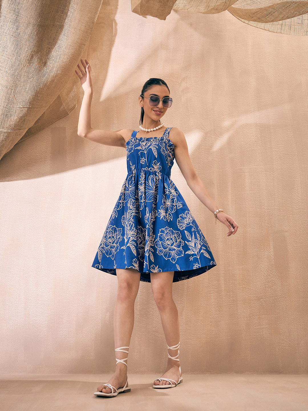 

Pink Paprika by SASSAFRAS Square Neck Floral Printed Fit and Flare Dress, Blue