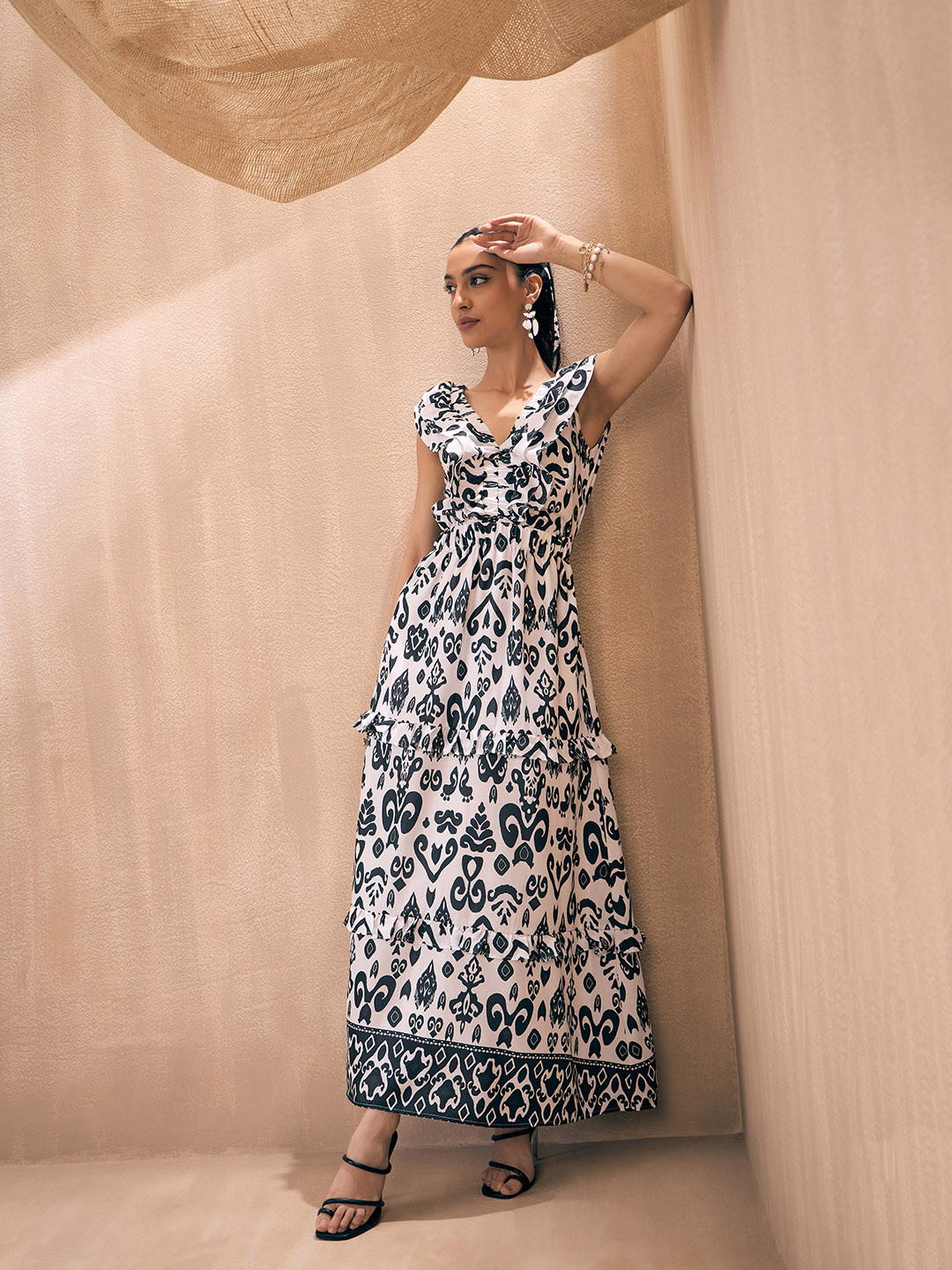 

Pink Paprika by SASSAFRAS Ikat Printed V-Neck Ruffles Fit & Flare Maxi Dress, White