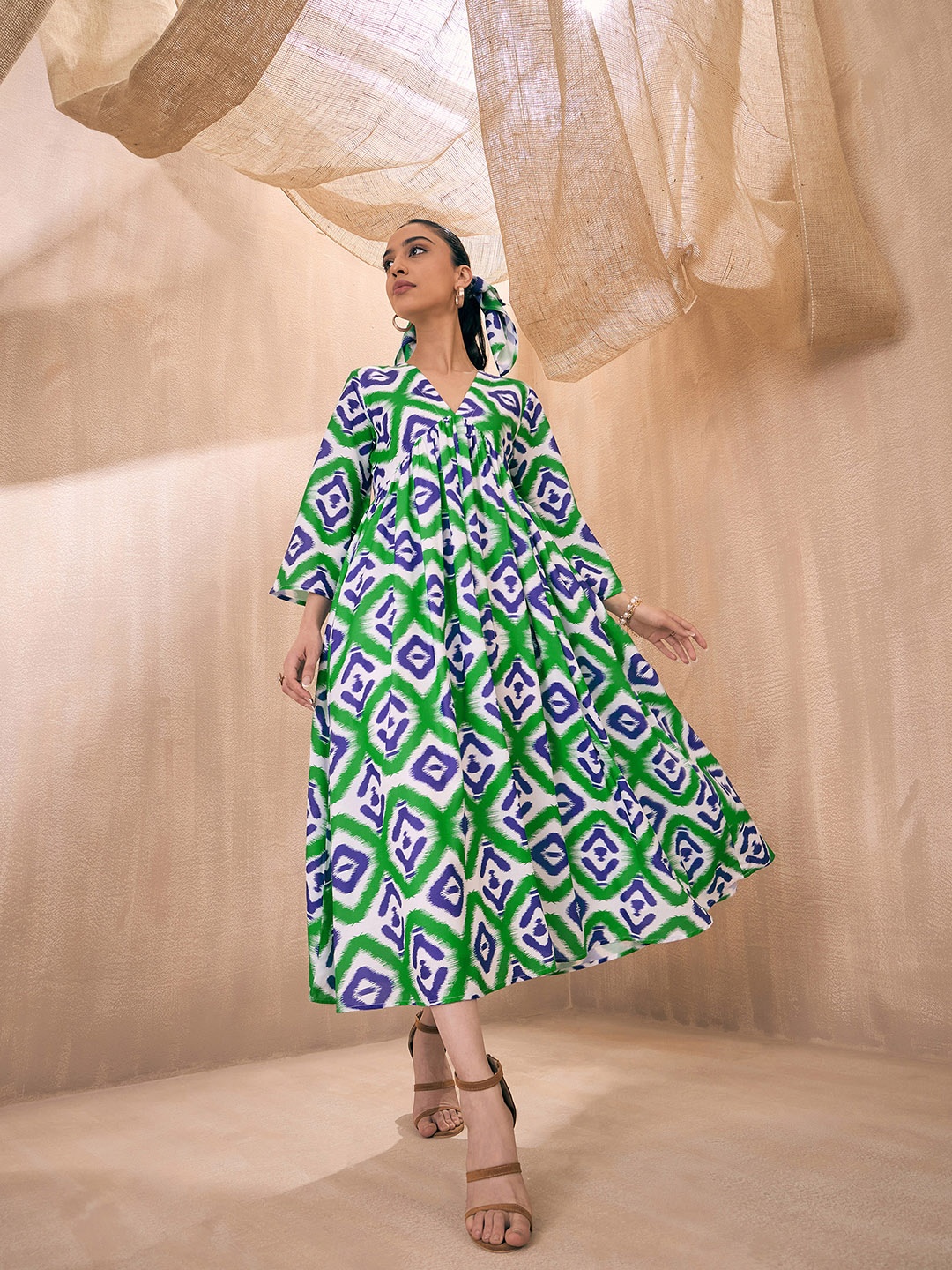 

Pink Paprika by SASSAFRAS V-Neck Ikat Print Fit and Flare Dress, Green