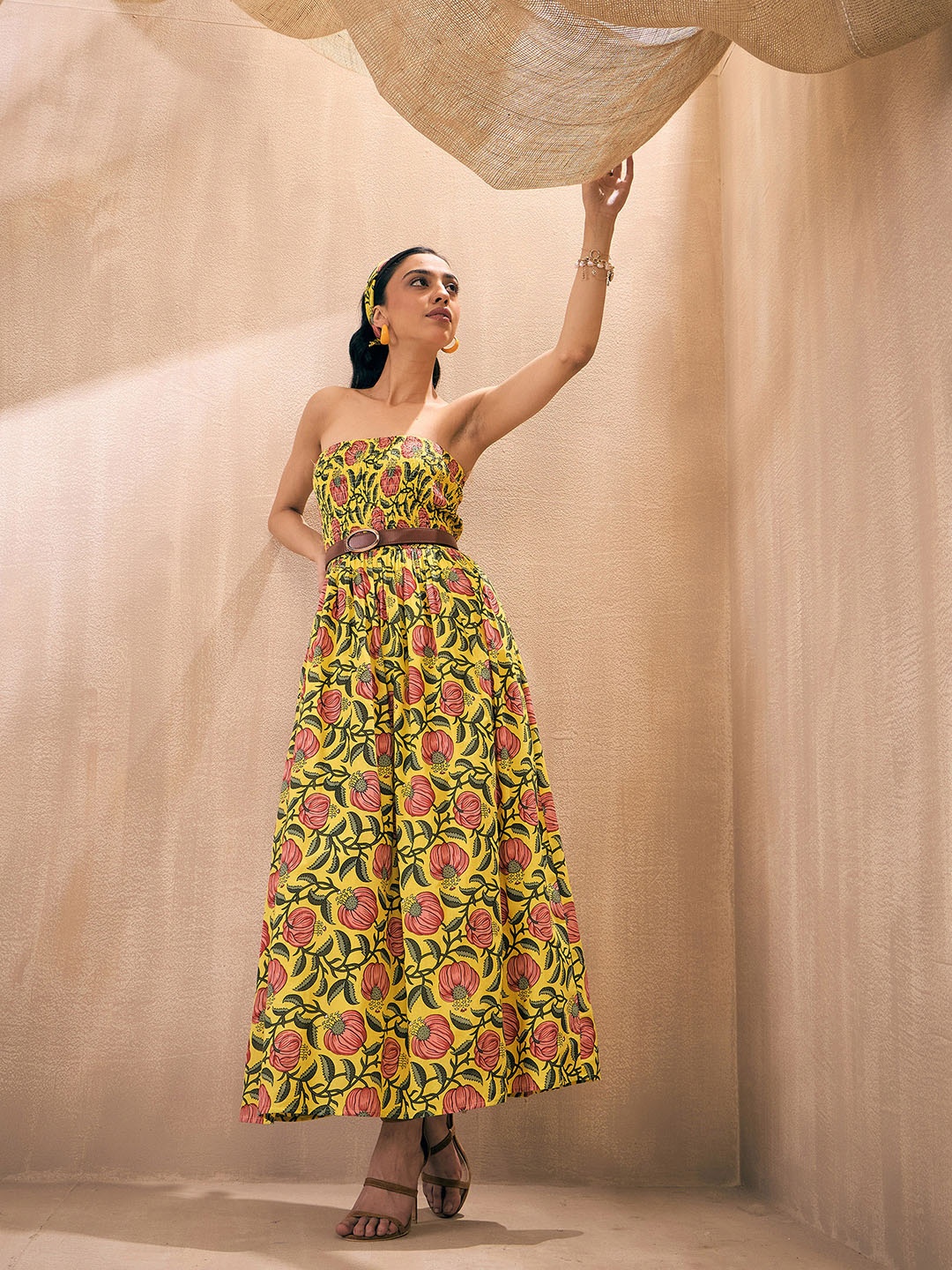 

Pink Paprika by SASSAFRAS Yellow Floral Printed Smocked Fit & Flare Maxi Dress