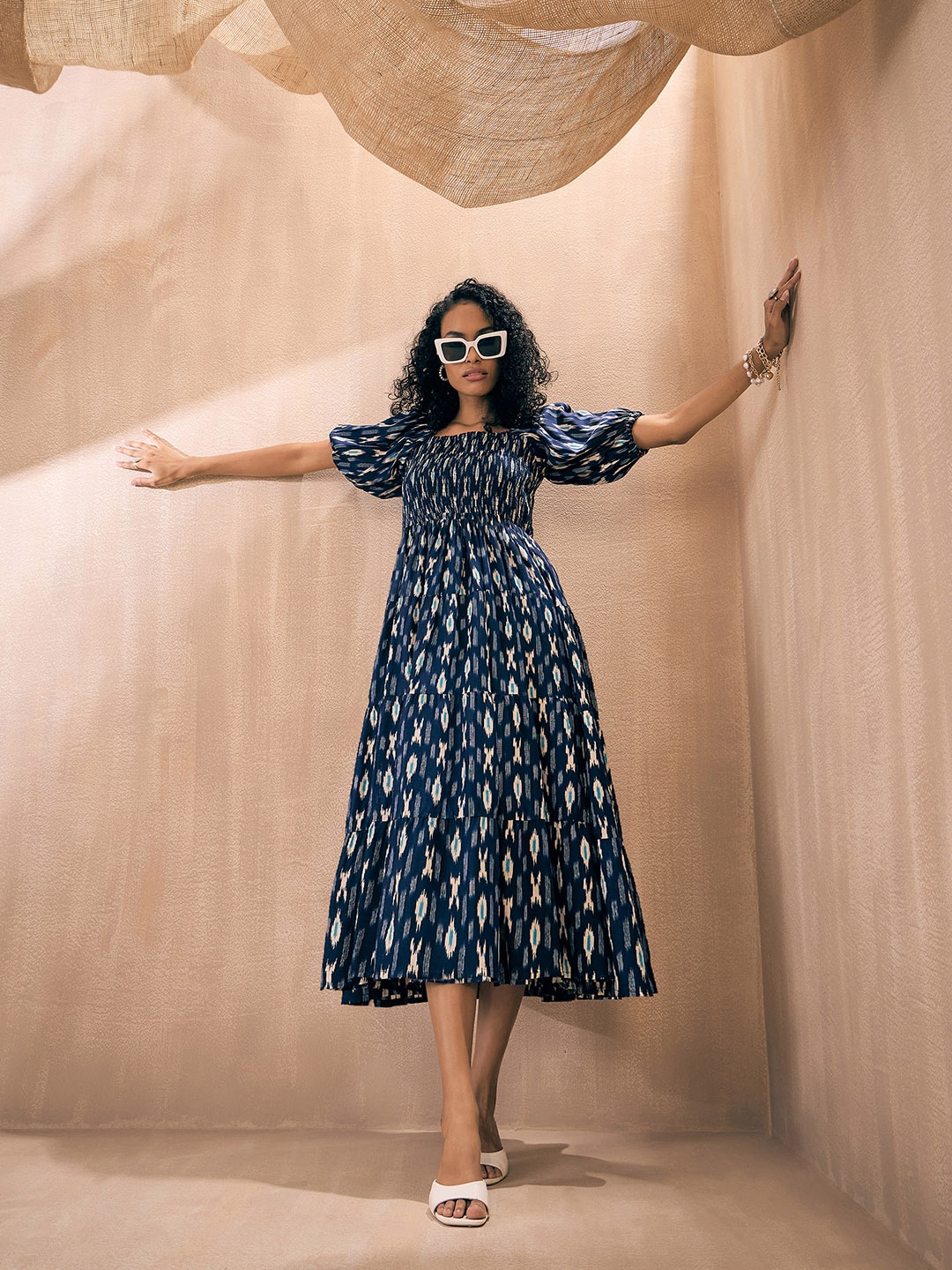 

Pink Paprika by SASSAFRAS Blue Ikat Printed Flutter Sleeve Smocked Fit & Flare Midi Dress