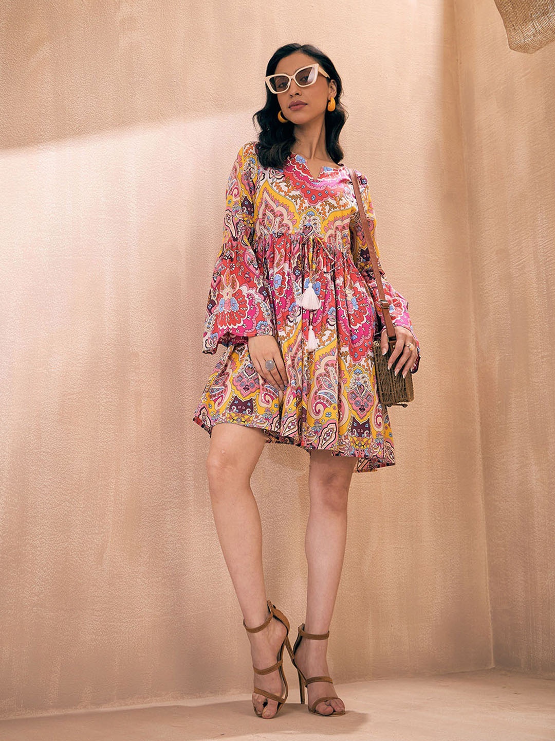 

Pink Paprika by SASSAFRAS Ethnic Motifs Printed Bell Pure Cotton Sleeve Fit & Flare Dress