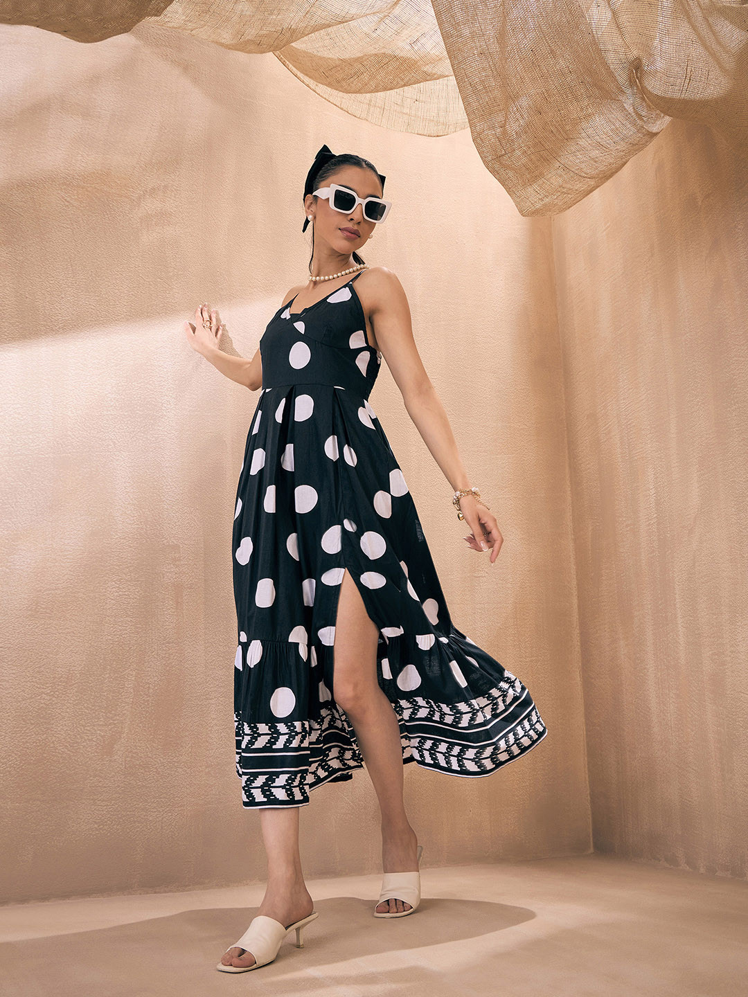 

Pink Paprika by SASSAFRAS Shoulder Straps Polka Dot Printed Cotton A-Line Midi Dress, Black