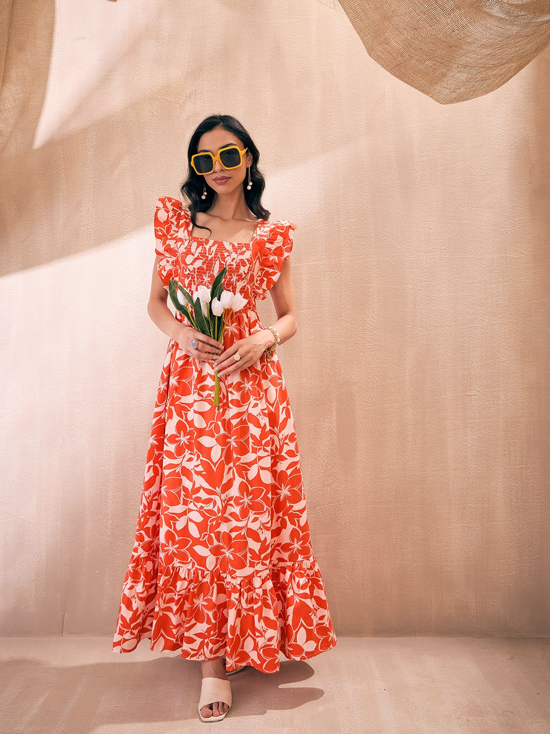 

Pink Paprika by SASSAFRAS Square Neck Floral Print Flutter Sleeve Fit and Flare Dress, Orange