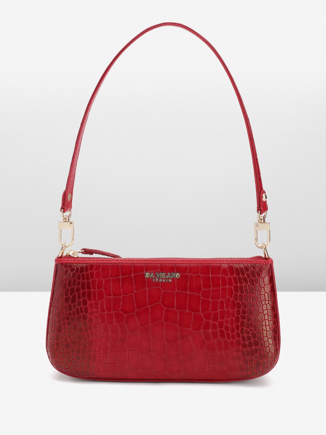 

Da Milano Croc Textured Leather Shoulder Bag With Detachable Handle, Red