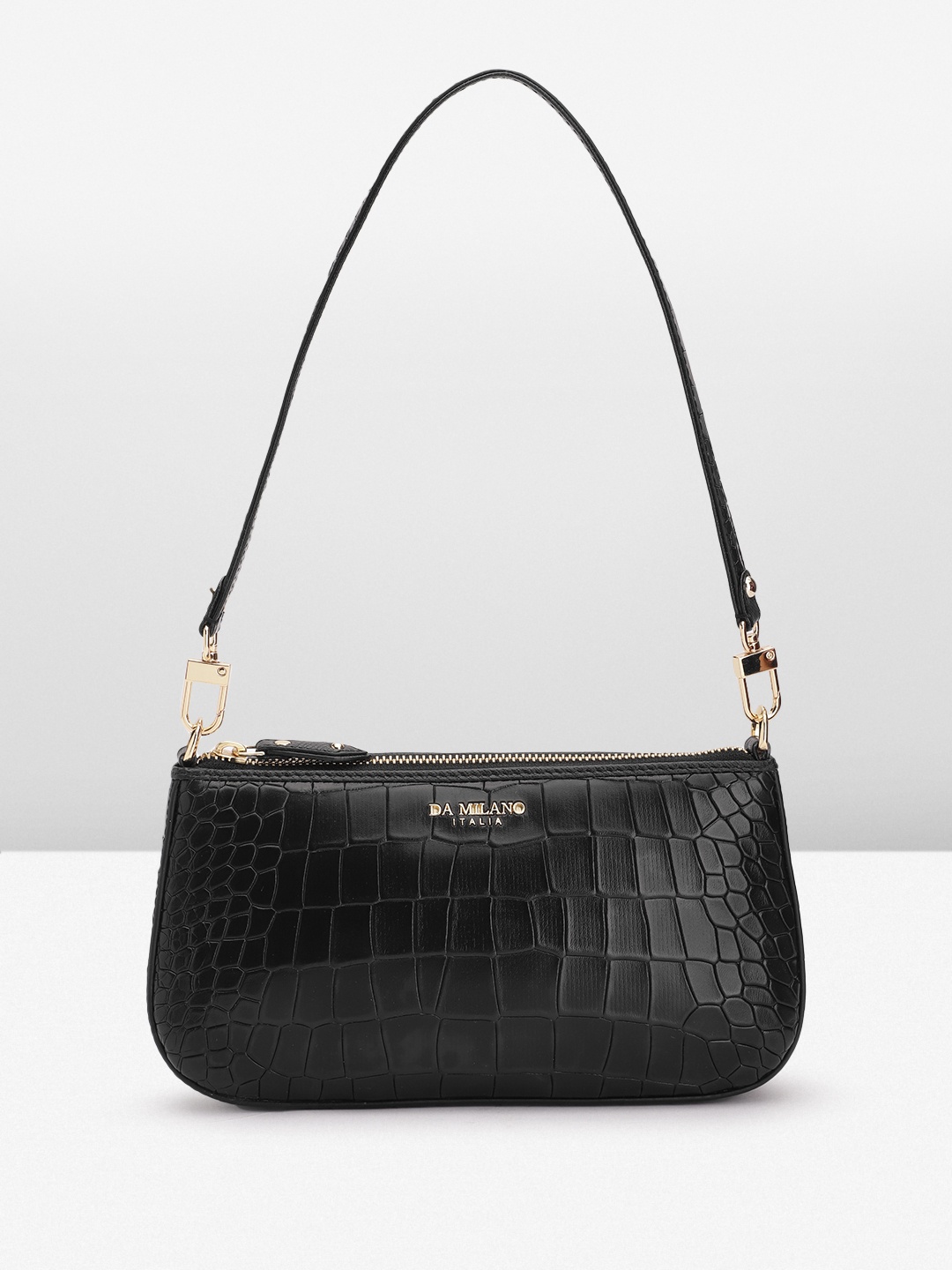 

Da Milano Croc Textured Leather Structured Shoulder Bag, Black
