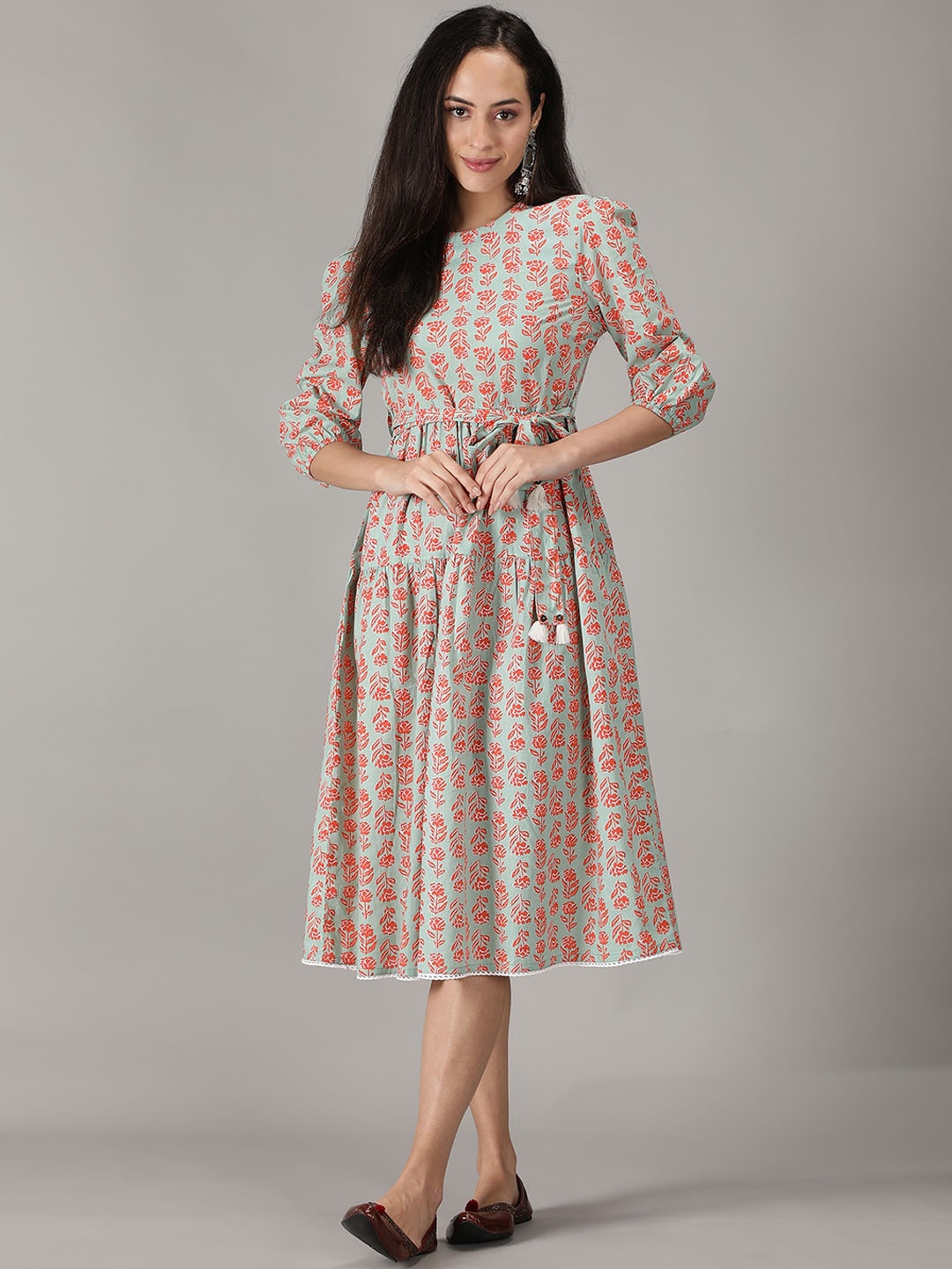 

KASYA Printed Cotton Fit & Flare Midi Ethnic Dress, Green