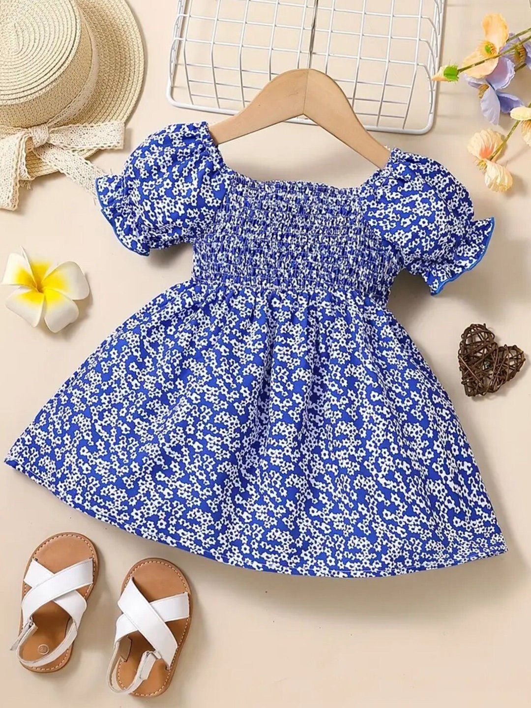 

BAESD Floral Print Puff Sleeves Fit & Flare Dress, Blue