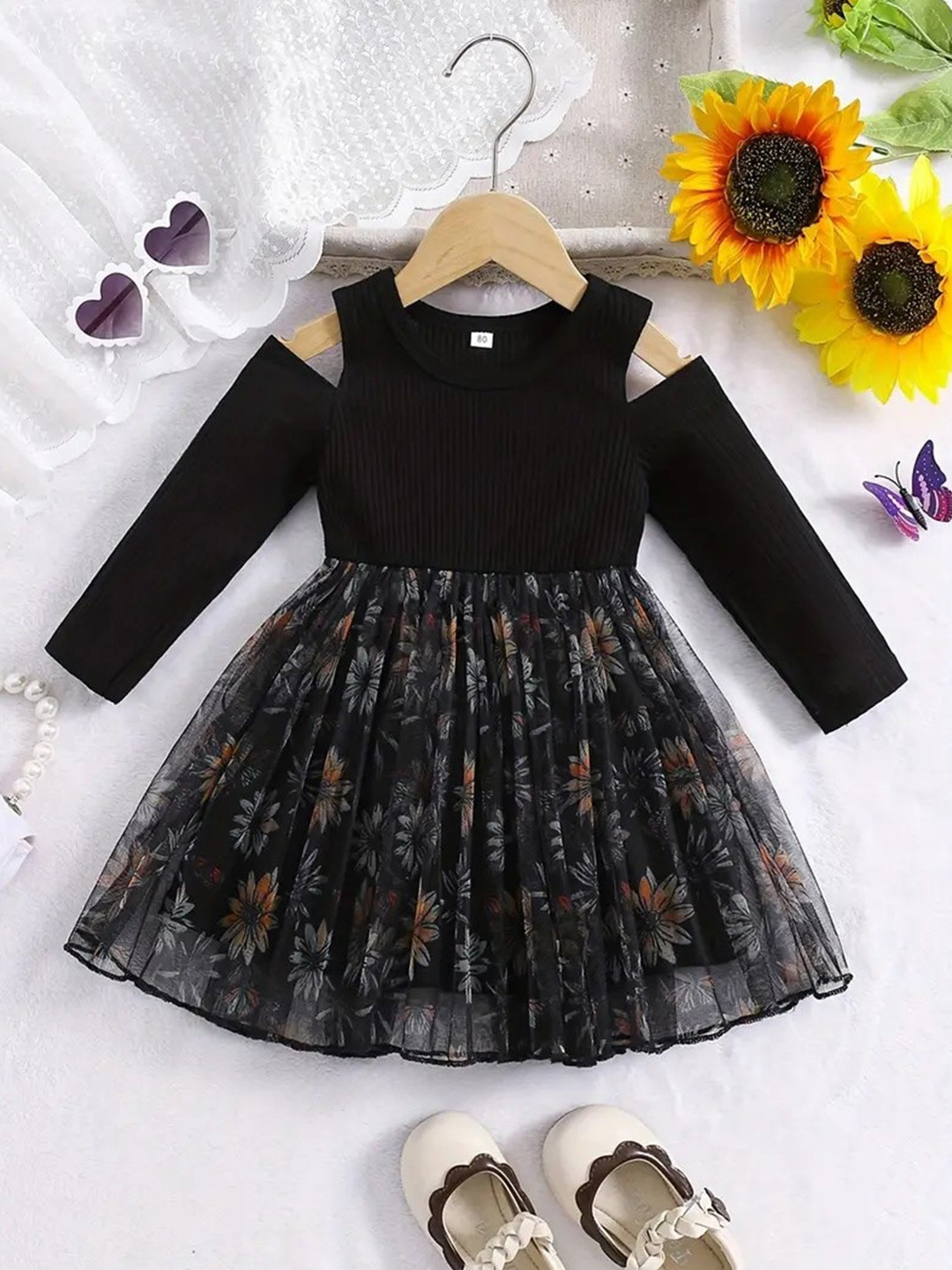 

BAESD Floral Print Cold-Shoulder Net Fit & Flare Dress, Black