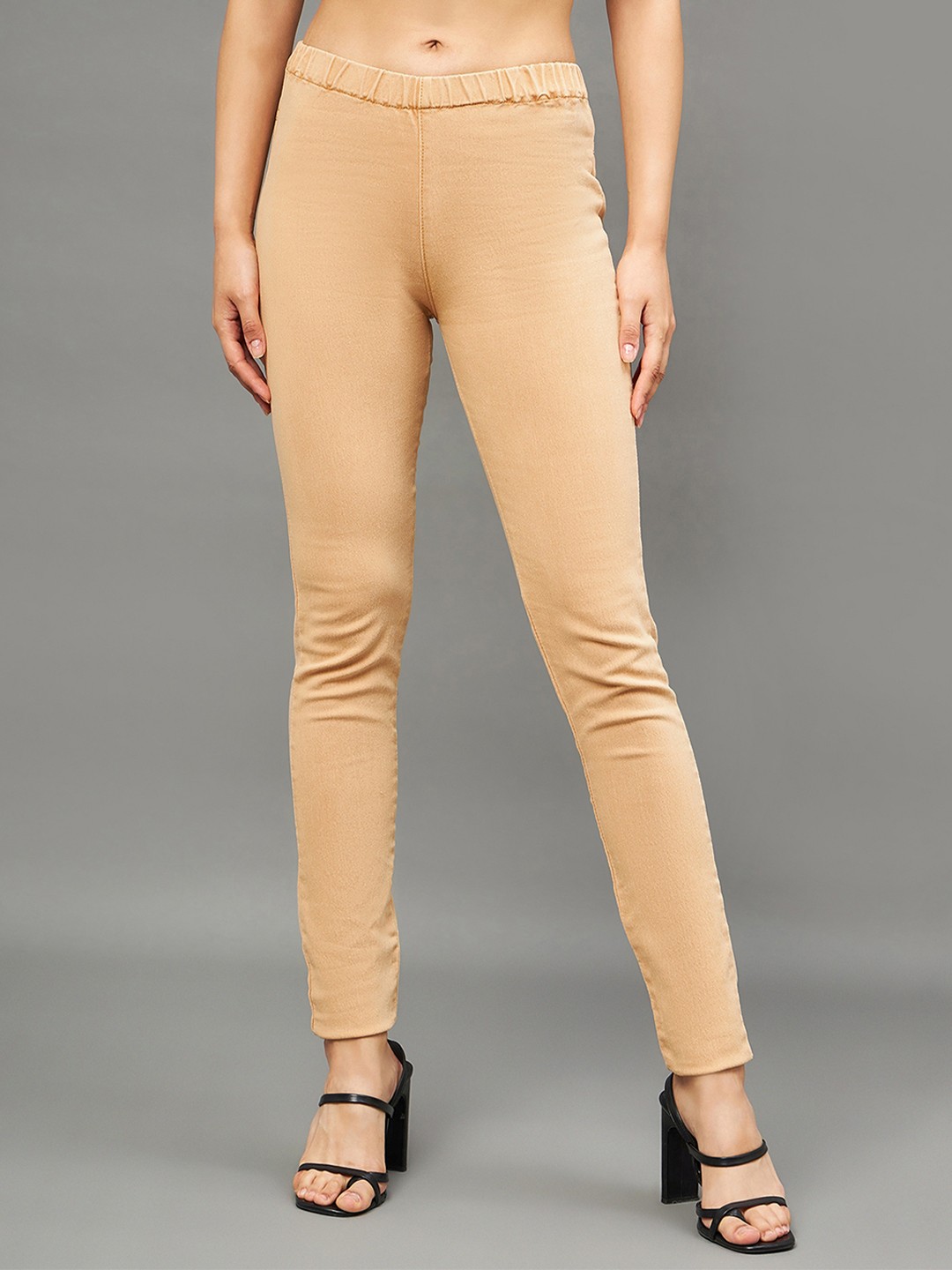 

THE PAJAMA FACTORY Women Skinny Fit Denim Weave Jeggings, Beige