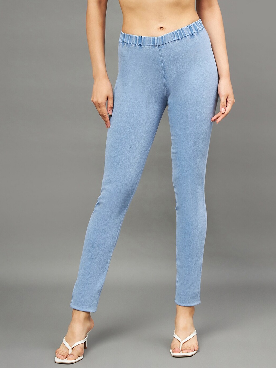 

THE PAJAMA FACTORY Women Skinny Fit Washed Denim Weave Jeggings, Blue