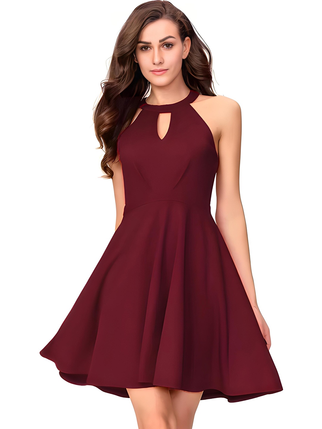 

ZELZIS Halter Neck Fit & Flare Dress, Maroon