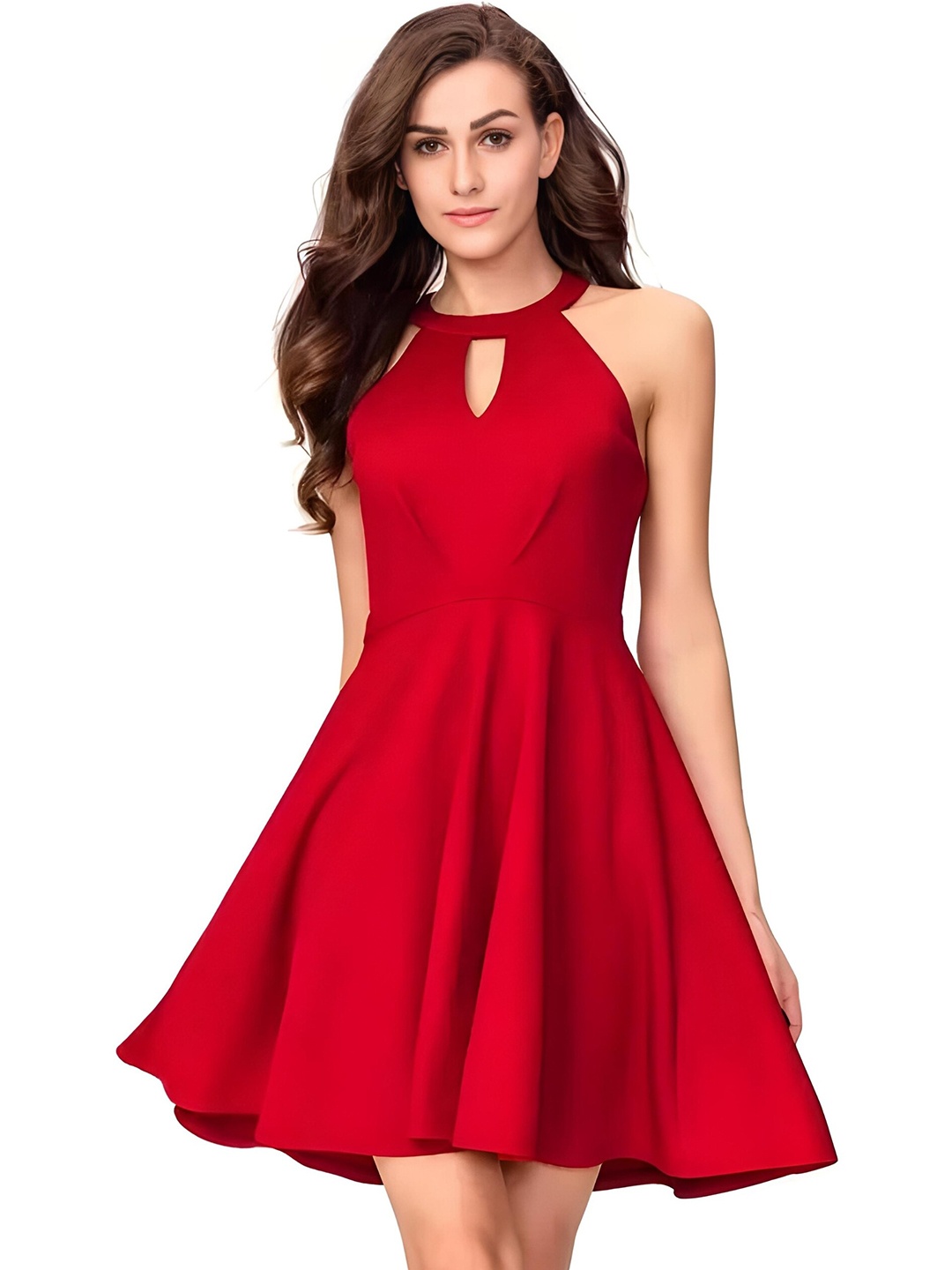 

ZELZIS Halter Neck Fit & Flare Dress, Red