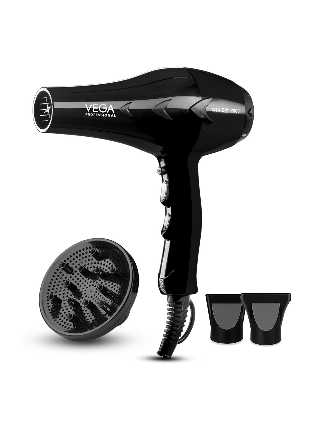 

VEGA PROFESSIONAL Pro Dry 2000 Watts Hair Dryer wih Diffuser & Nozzle Attachment-VPVHD-13, Black