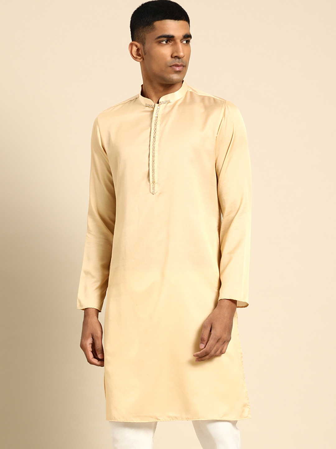 

Anouk Yellow Mandarin Collar Thread Work Straight Kurta