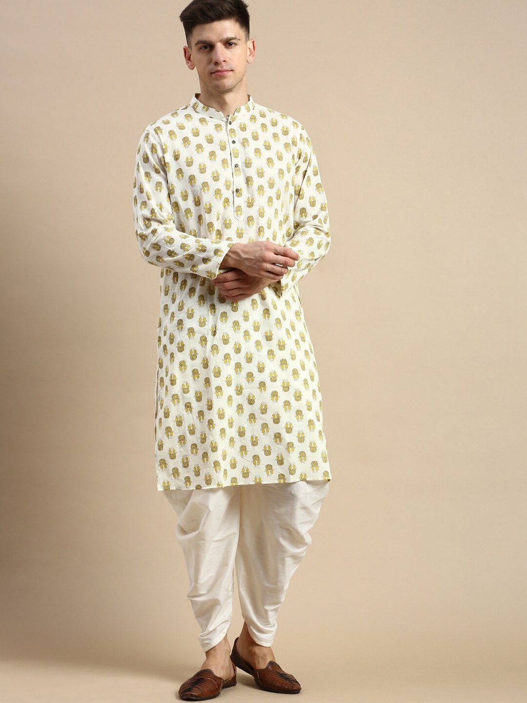 

Anouk White Paisley Printed Mandarin Collar Cotton Blend Kurta With Dhoti Pants