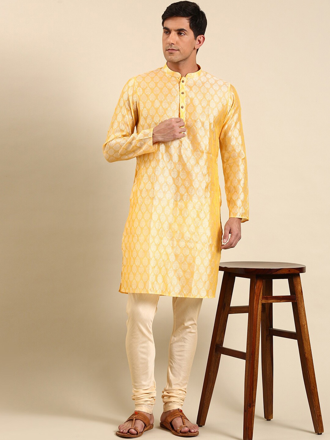 

Anouk Yellow Ethnic Motifs Mandarin Collar Straight Kurta with Churidar