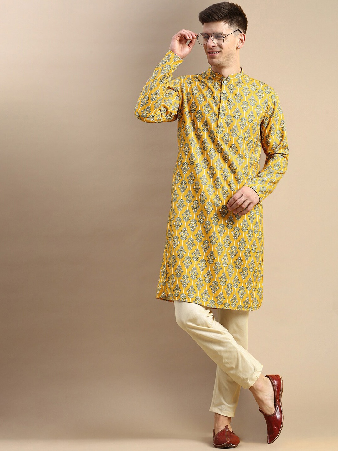 

Anouk Yellow Ethnic Motifs Printed Mandarin Collar Kurta With Trousers