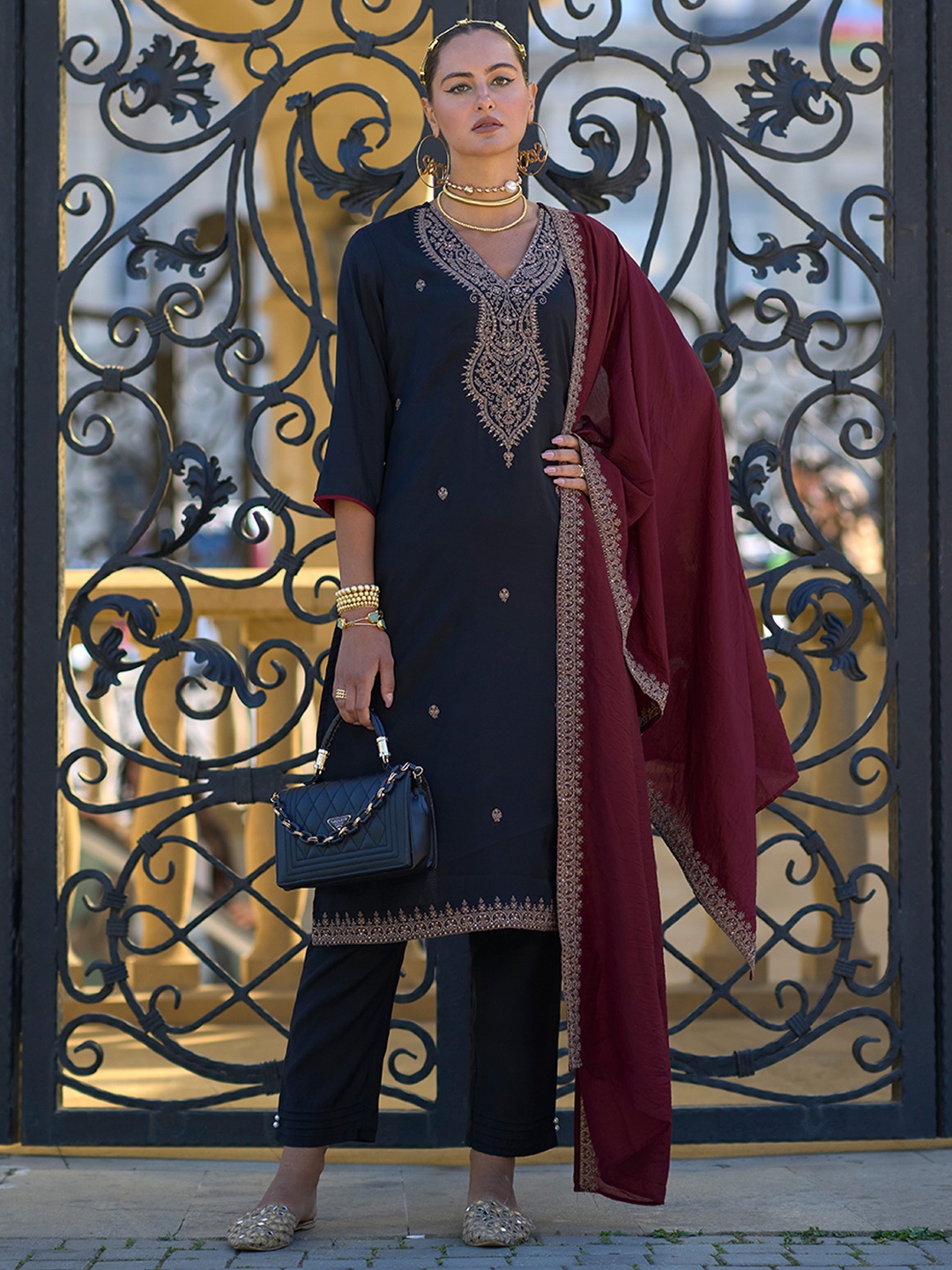 

Indo Era Black Ethnic Motifs Embroidered V-Neck Kurta with Trousers & Dupatta